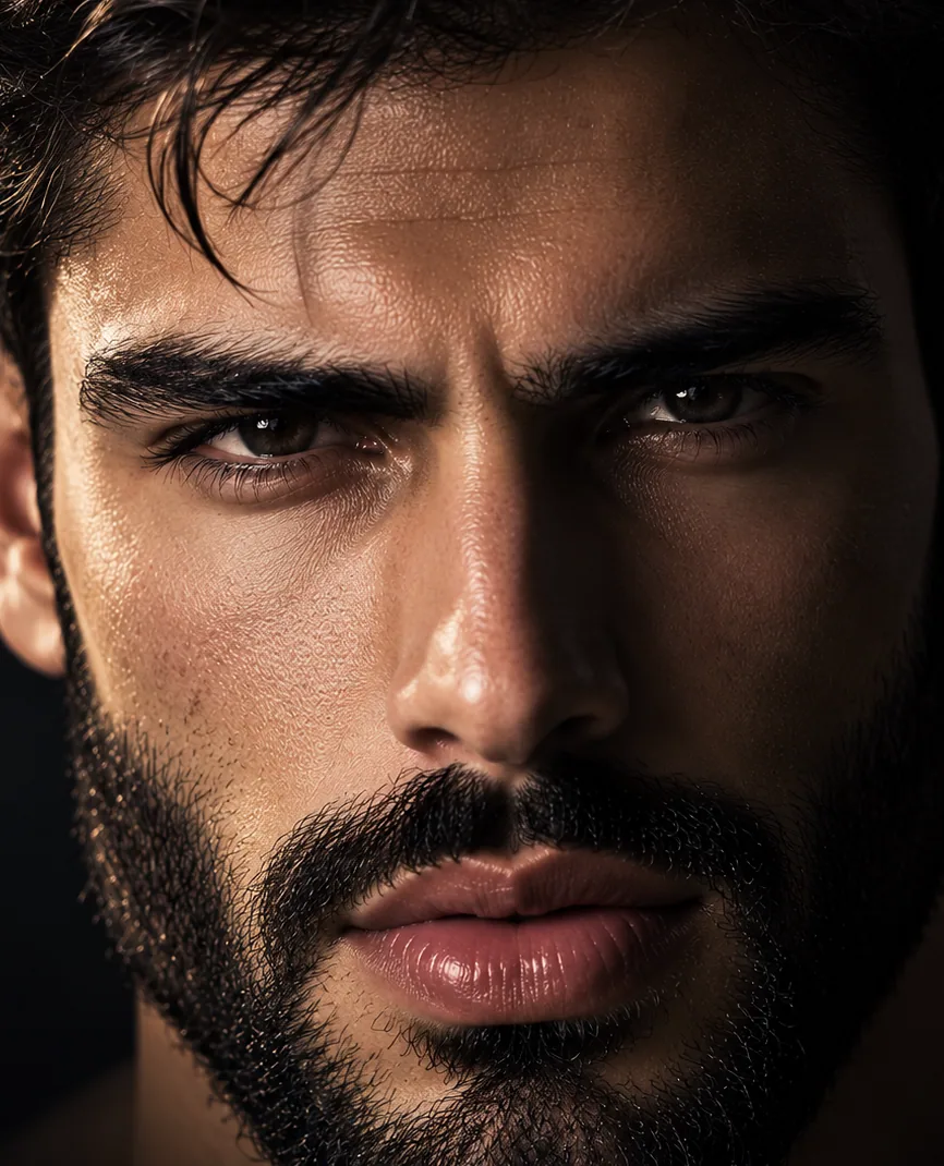 Retrato editorial de homem com barba bem cuidada e olhar confiante (imagem ilustrativa)